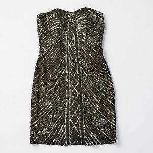 SCALA Strapless 100% Silk Gold Tan Sequin Mini Dress Prom Cocktail Party 4 Dance